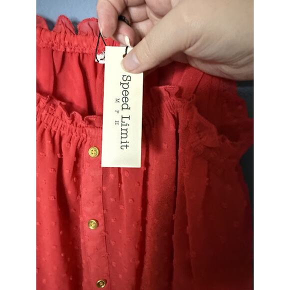 NWT Speed Limit Coral Polka Dot Off the Shoulder Bell Sleeve Accent Button Flowy - Picture 5 of 10